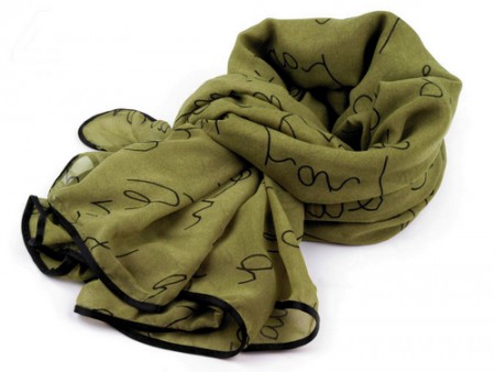 19, Popísaná šatka 140x140 cm zelená kaki